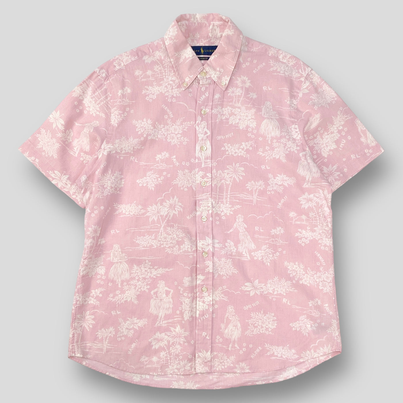クラシックフィット ポニー刺繍 リネンコットン ハワイアンプリントBDシャツ M
