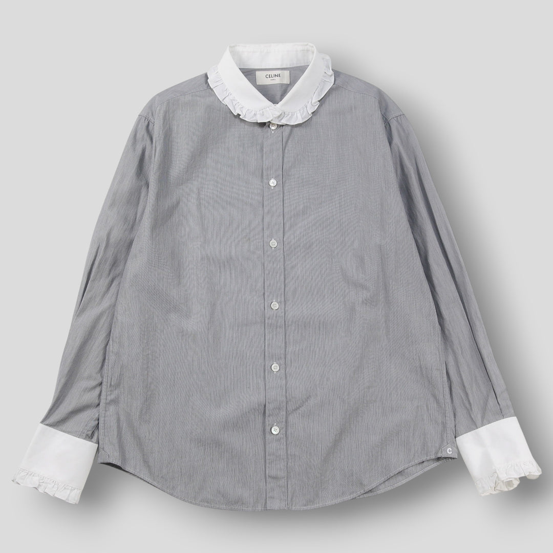 CELINE 21SS フリルカラー クレリックシャツ ストライプコットン 42 CELINE セリーヌ 2021SS フリルカラー クレリックシャツ / ストライプ