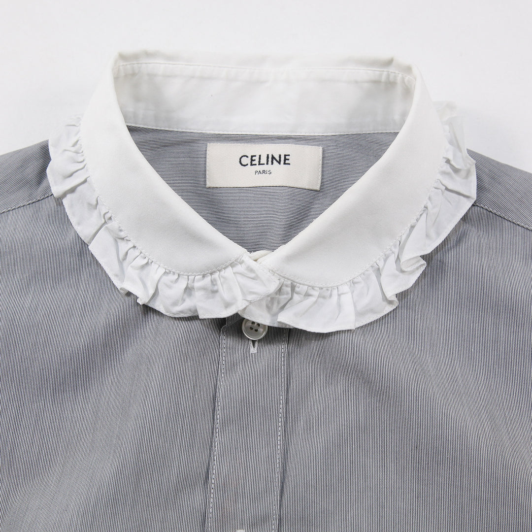 CELINE セリーヌ 2021SS フリルカラー クレリックシャツ / ストライプ